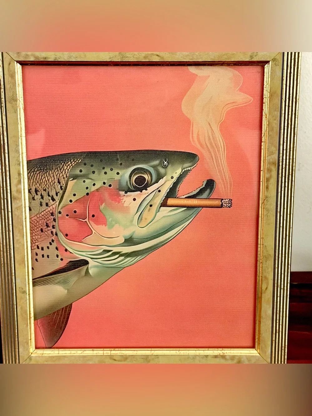 Trout Fish Smoking a Cigarette Vintage Style Canvas Wall Art Print Gold Framed